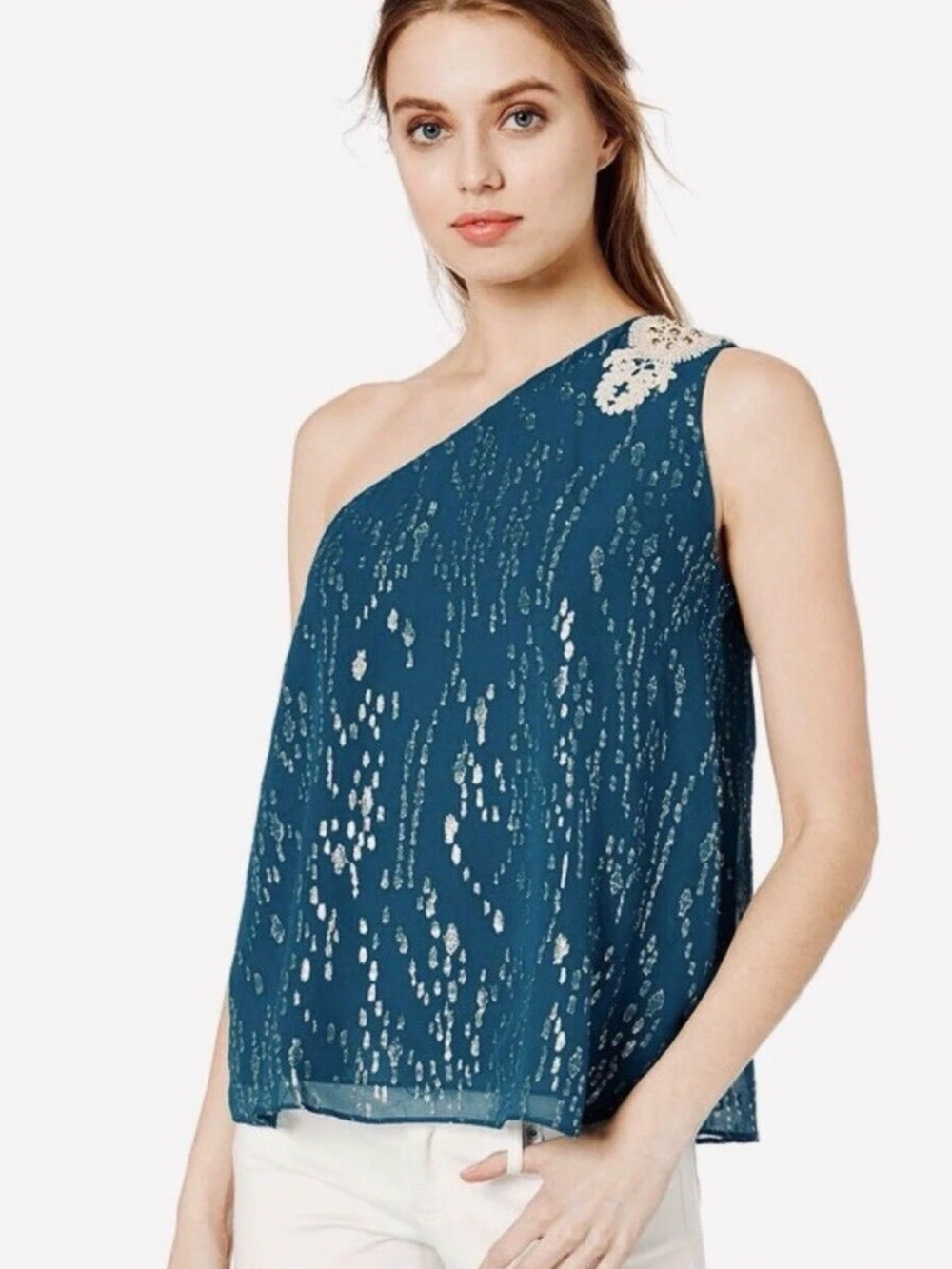 Lilly Pulitzer Women's Sienne Top One Shoulder Chiffon Gold Fish Pattern 10 NEW!